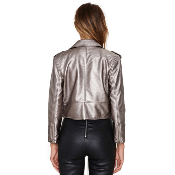 Mackage Aritzia Metallic Gunmetal Pewter lambskin leather motorcycle jacket xxxs - Picture 2 of 12